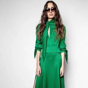 NEW WITH TAG Zadig & Voltaire Emerald Green Silk Bow Jacquard Dress Maxi Small